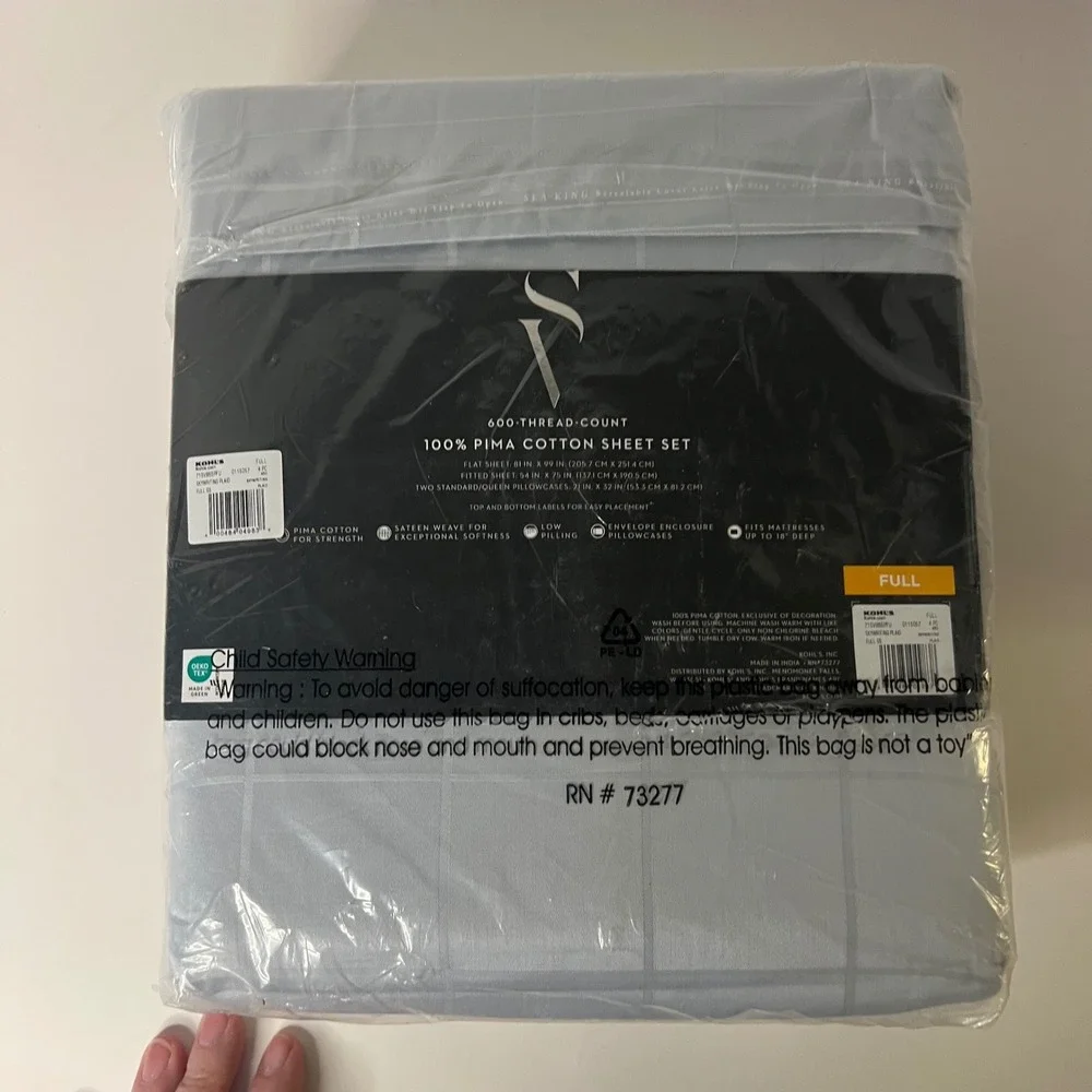 Simply Vera Vera Wang 600TC Pima Cotton Full Sheet Set Skywriting Plaid Gray NIP
